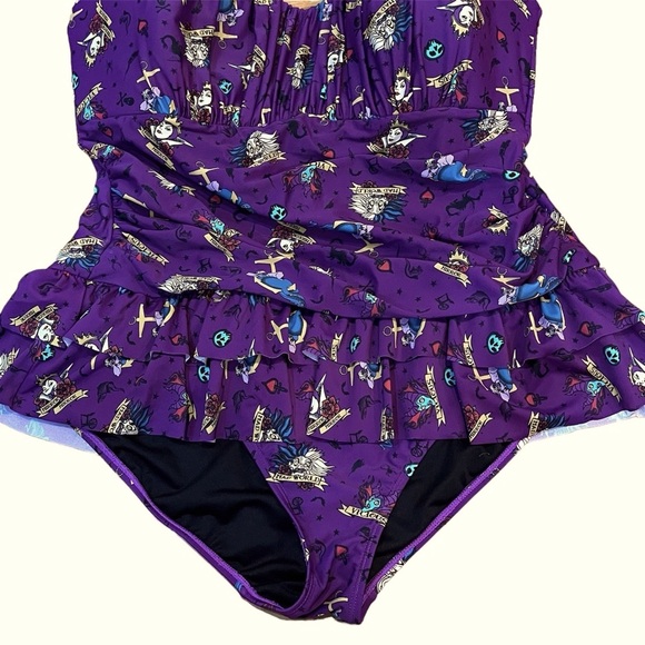 Disney Villains Plus Size Purple Tattoo Print Ruffle Swimsuit 1 Swimwear villain - Picture 4 of 12